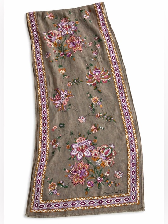 Oscar de la Renta Accessories - Oscar de la Renta Silk Scarf Floral Taupe Purple Long Designer Wrap 50”